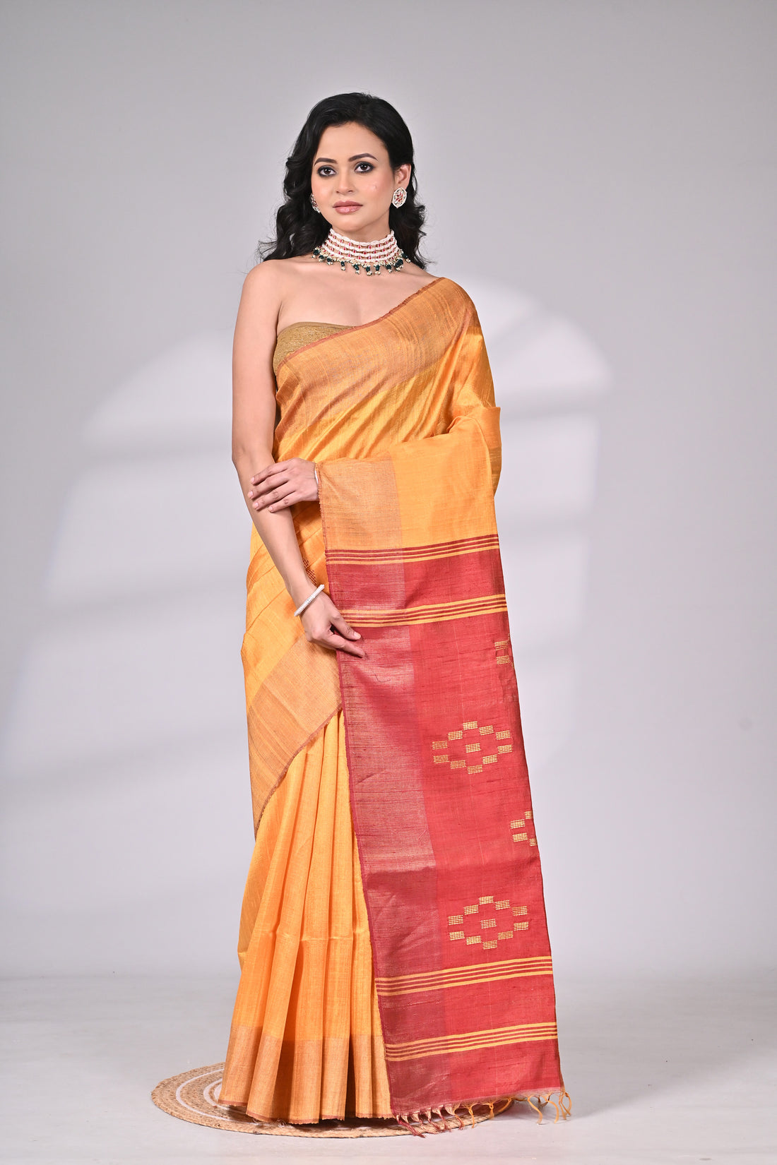 Mustard Handloom Dupion Silk Saree with Contrast Red Pallu