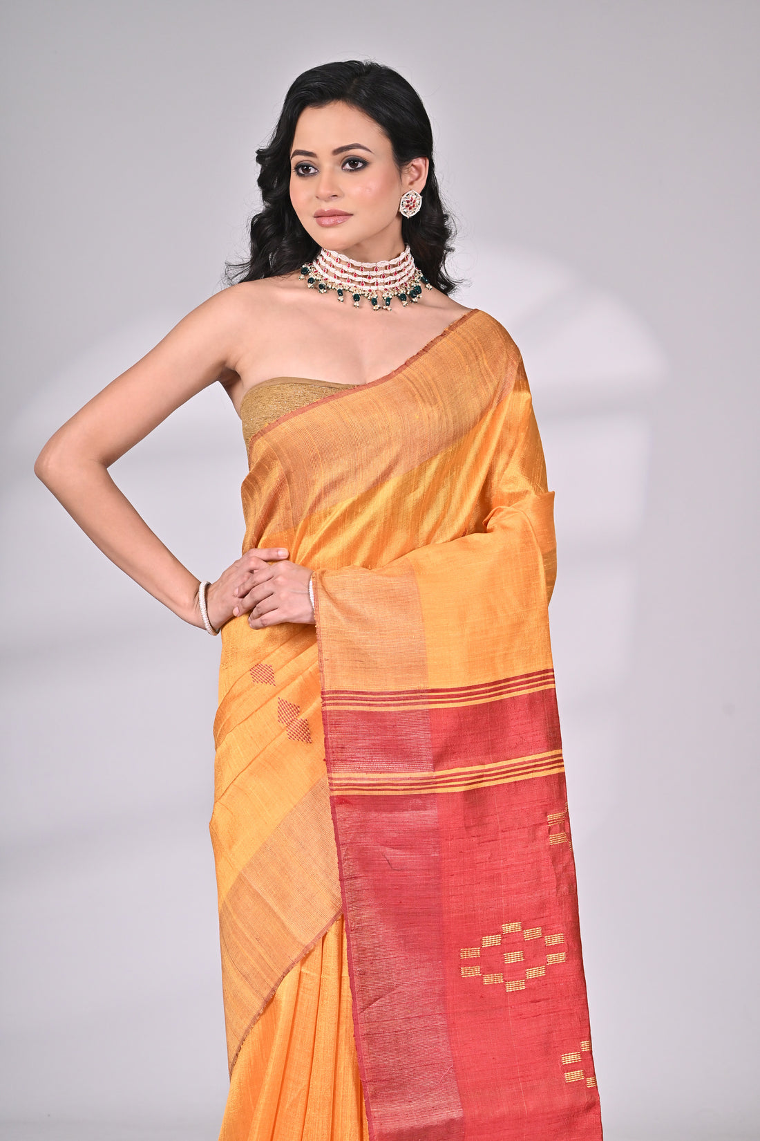 Mustard Handloom Dupion Silk Saree with Contrast Red Pallu