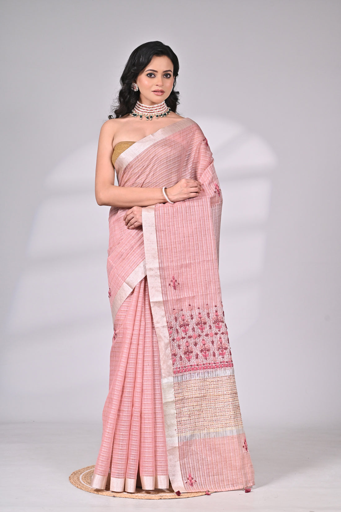 Blush Pink Linen Tissue Saree with Hand Embroidery