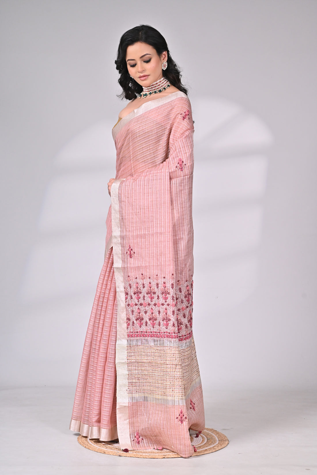 Blush Pink Linen Tissue Saree with Hand Embroidery