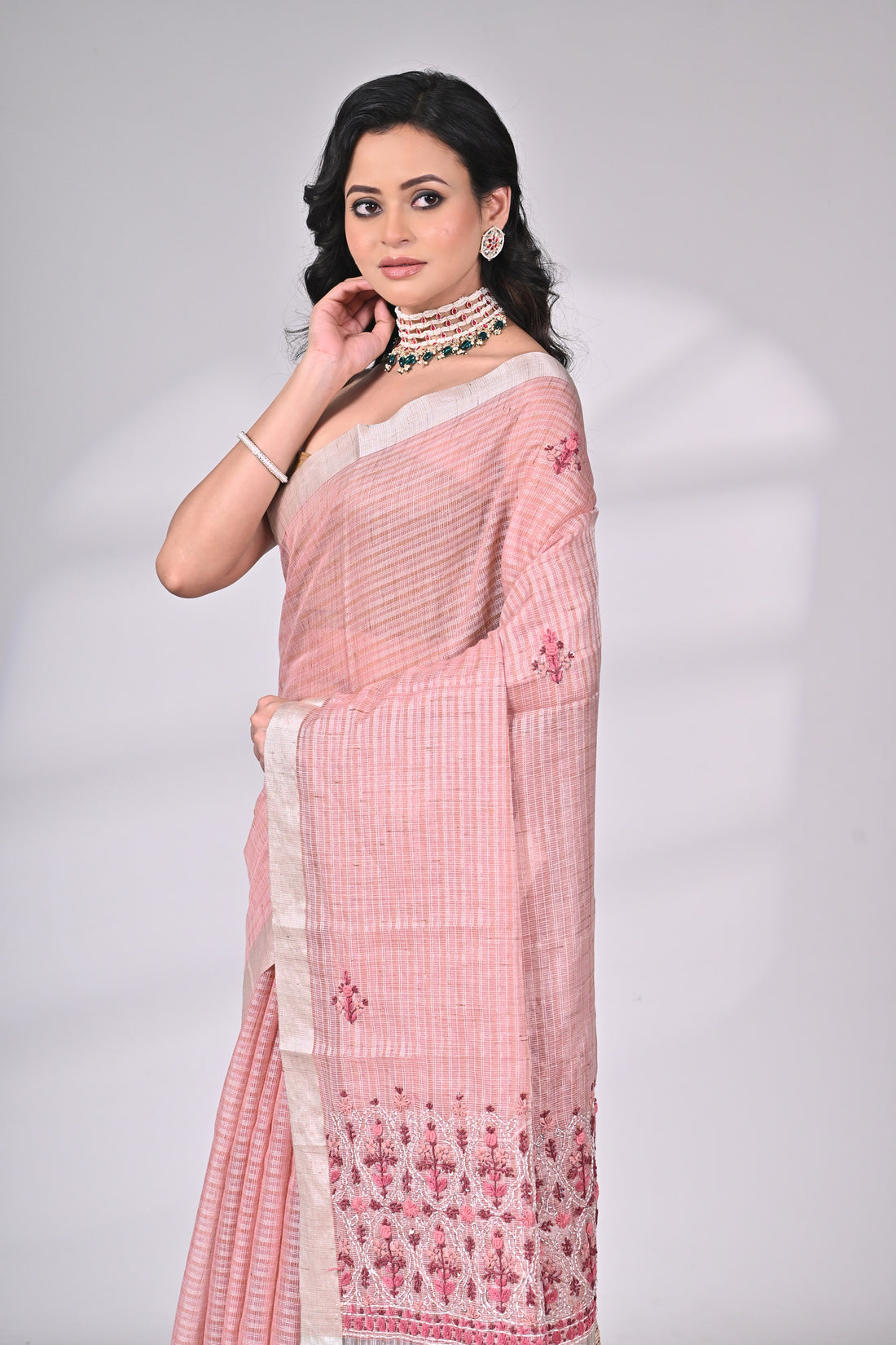 Blush Pink Linen Tissue Saree with Hand Embroidery