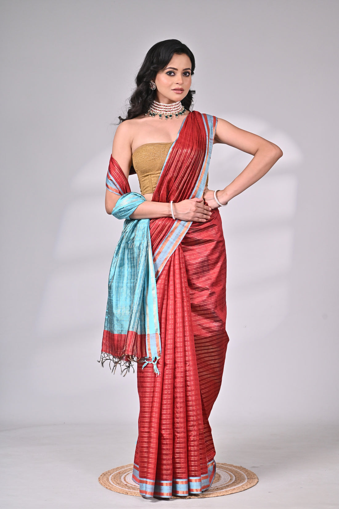 Red & Blue Handloom Dupion Silk Saree