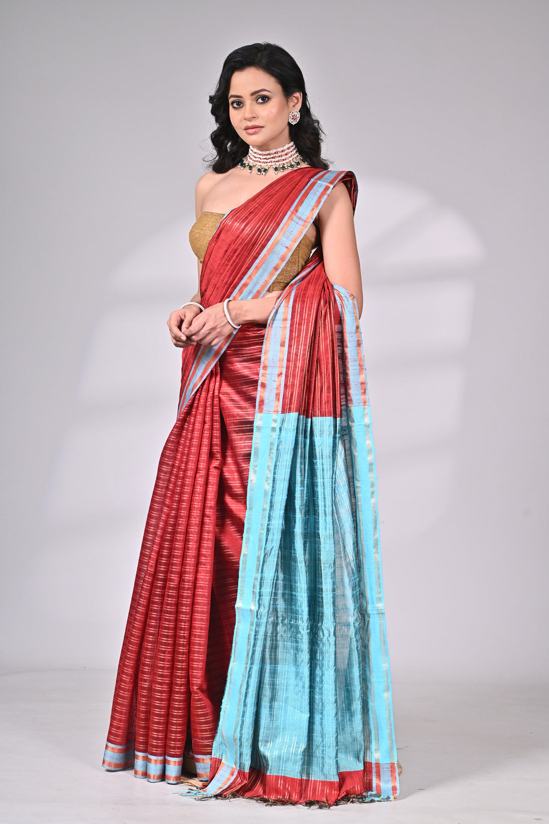 Red & Blue Handloom Dupion Silk Saree