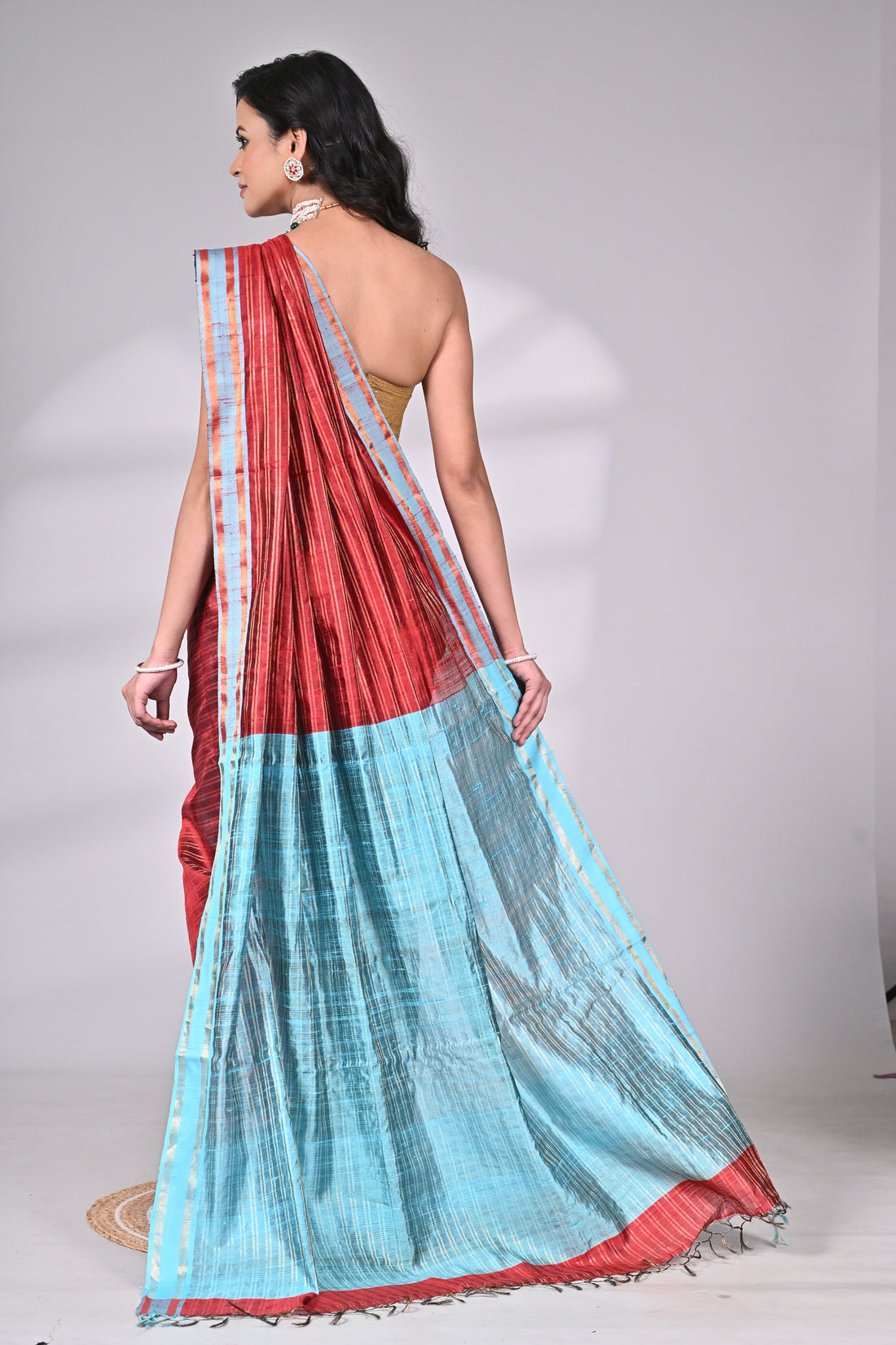 Red & Blue Handloom Dupion Silk Saree