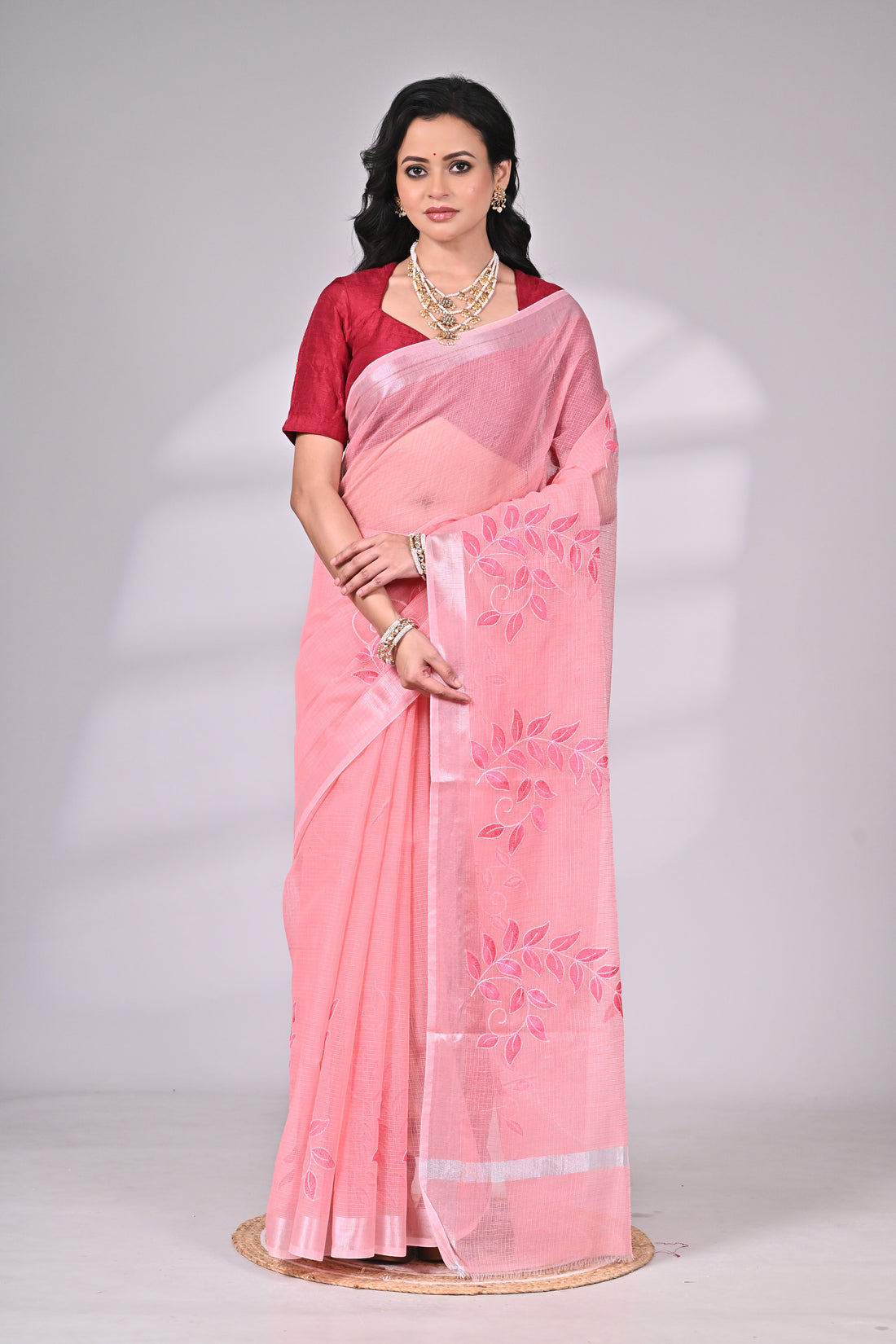 Pink Kota Doria Saree with Embroidery