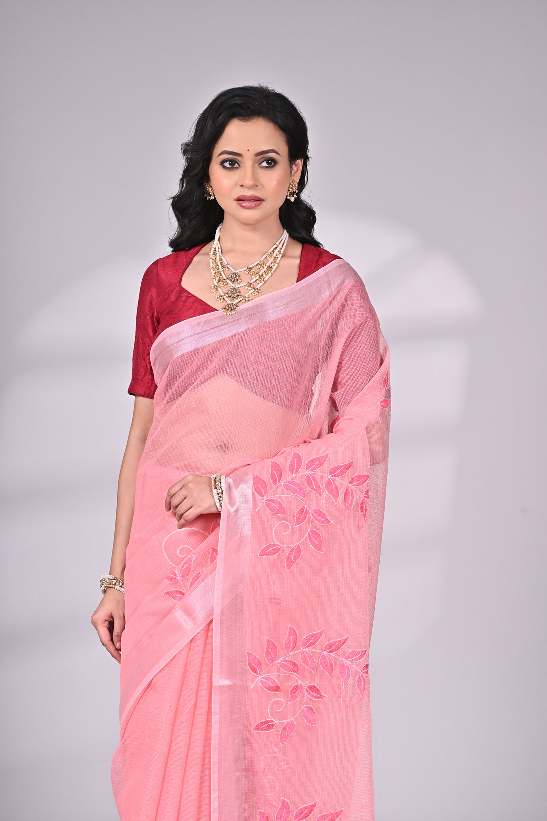 Pink Kota Doria Saree with Embroidery