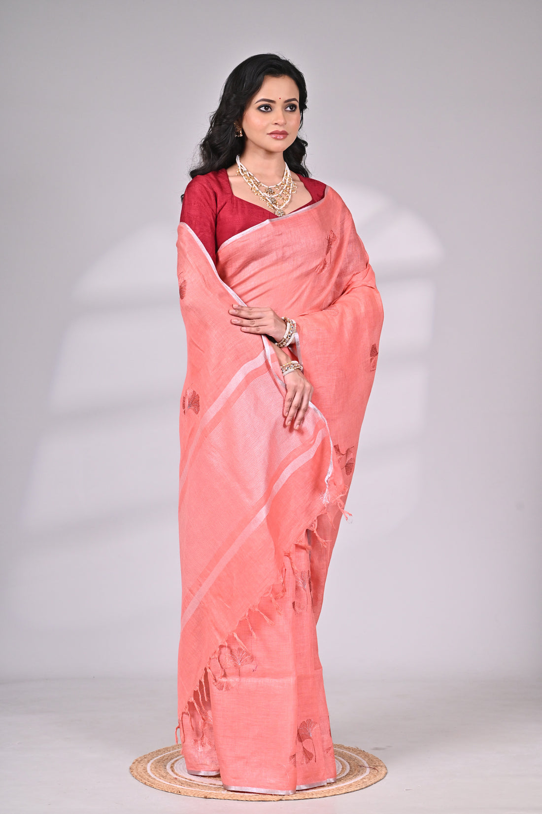 Peach Linen Saree with Embroidery