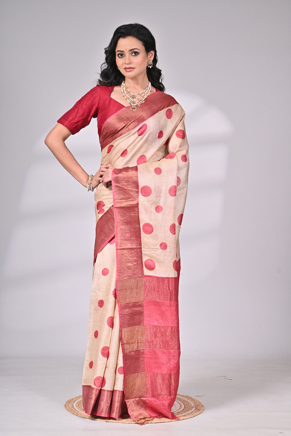 Ivory & Maroon Handloom Tussar Silk Saree with Polka Motifs