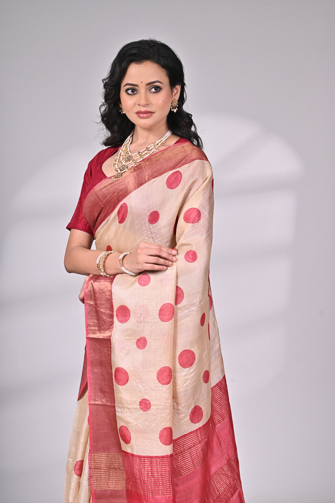 Ivory & Maroon Handloom Tussar Silk Saree with Polka Motifs