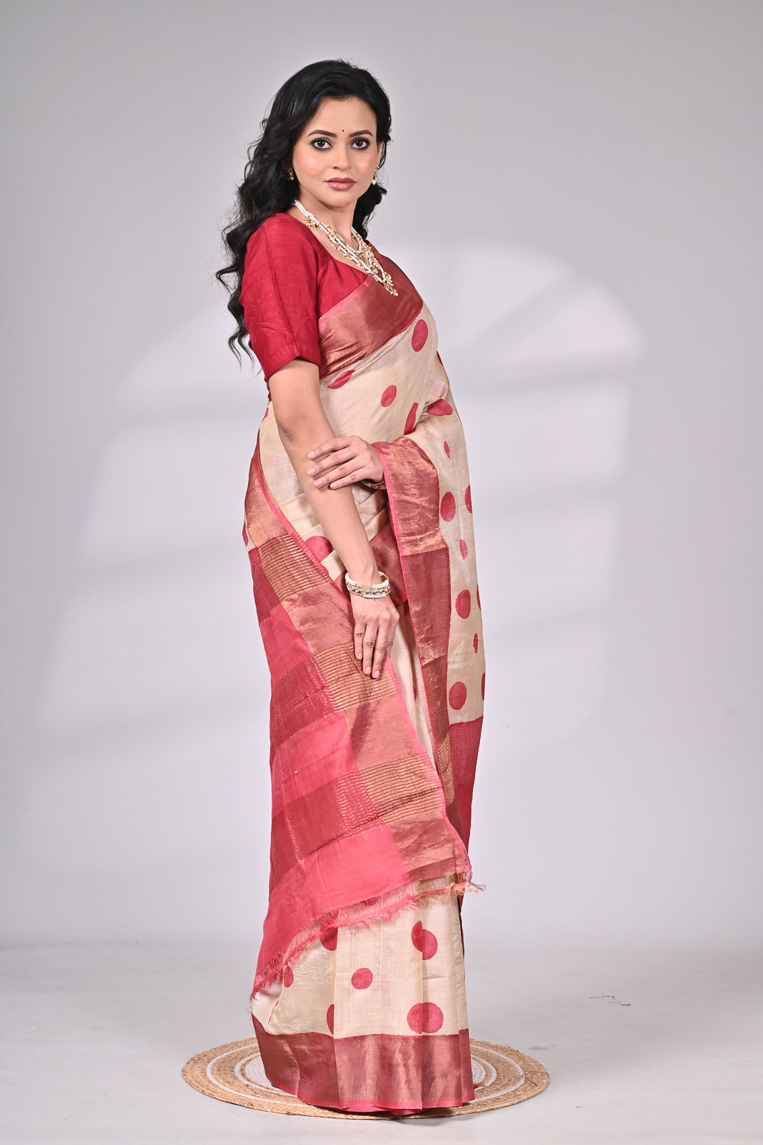 Ivory & Maroon Handloom Tussar Silk Saree with Polka Motifs