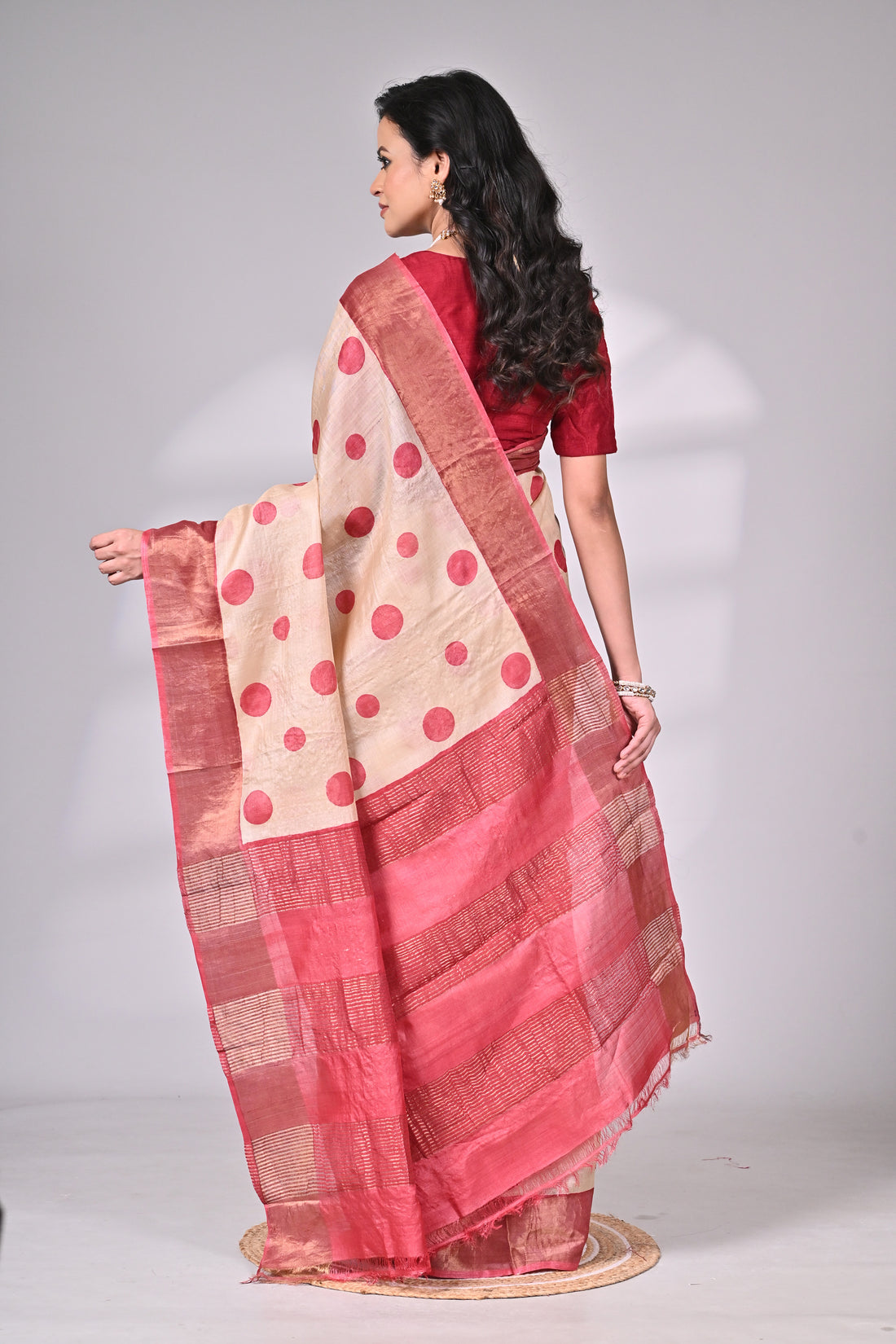 Ivory & Maroon Handloom Tussar Silk Saree with Polka Motifs