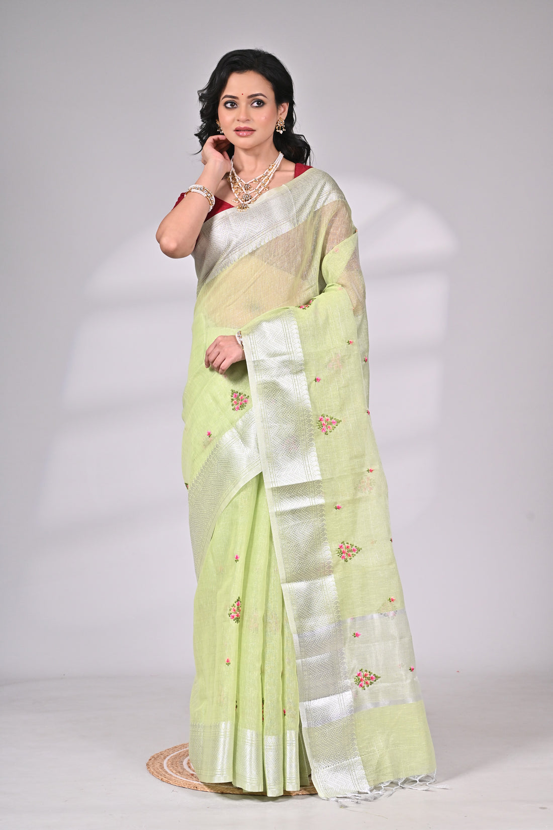 Pastel Green Kota Saree with Silver Zari Border