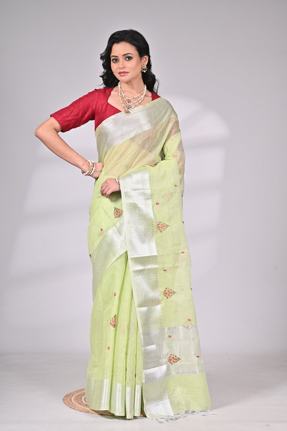 Pastel Green Kota Saree with Silver Zari Border