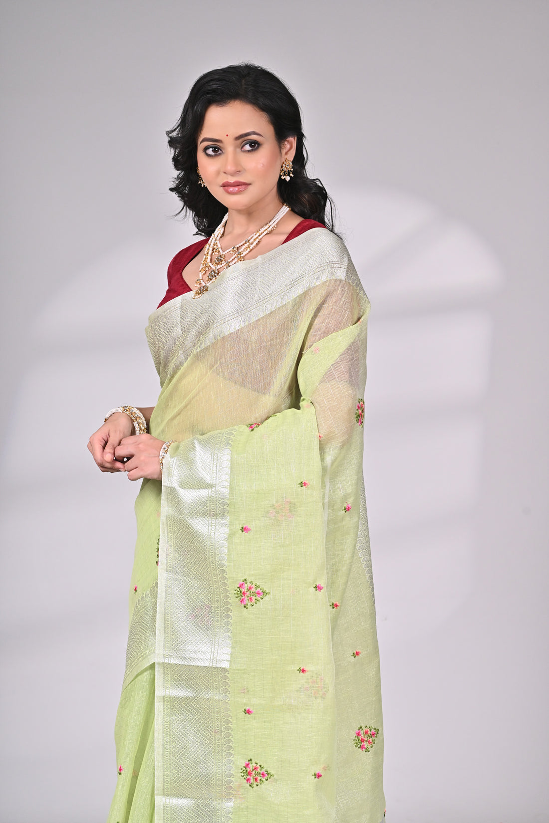 Pastel Green Kota Saree with Silver Zari Border