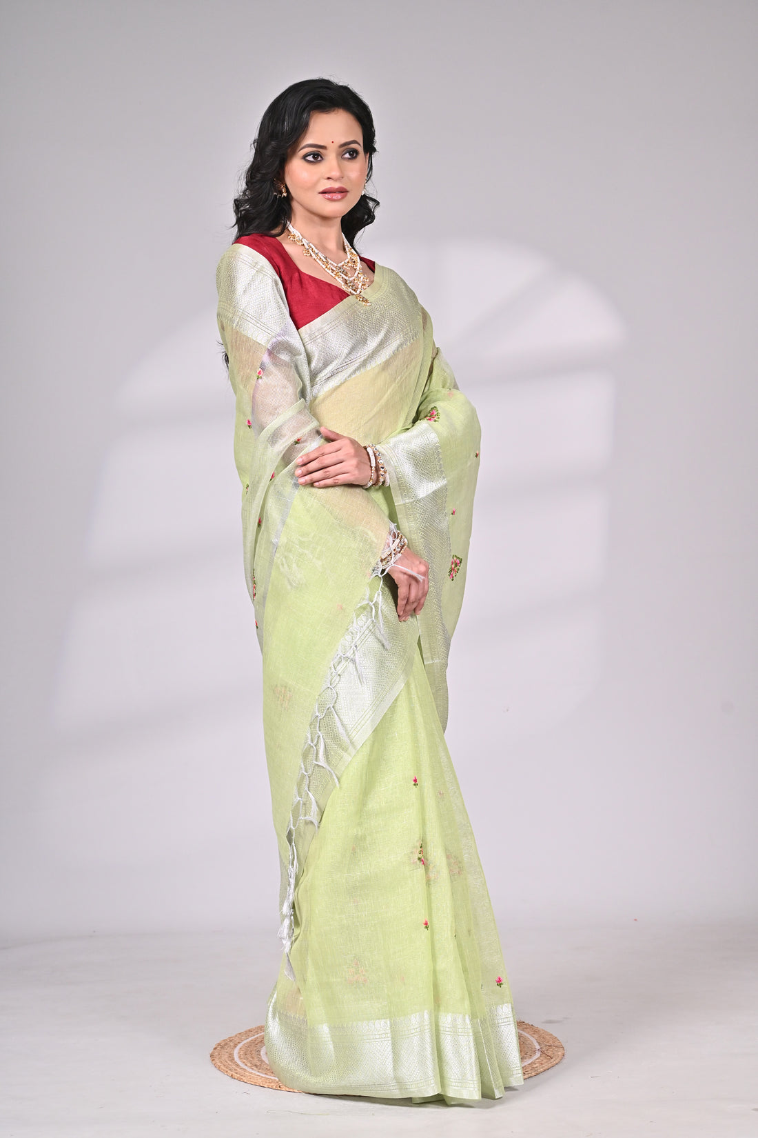 Pastel Green Kota Saree with Silver Zari Border