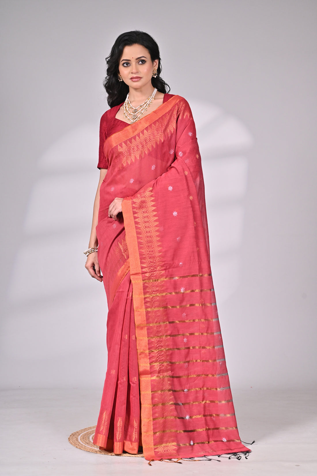 Deep Rose Cotton Silk Saree with Golden Border