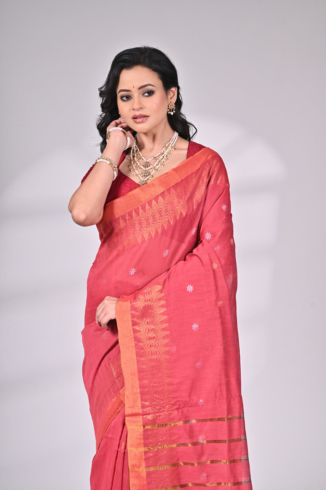 Deep Rose Cotton Silk Saree with Golden Border