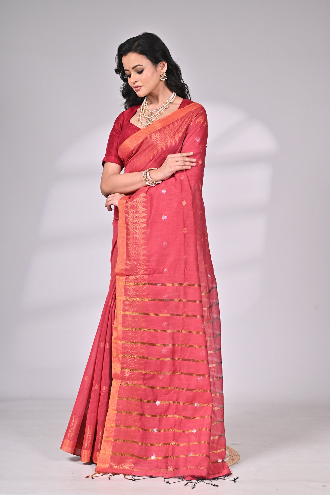 Deep Rose Cotton Silk Saree with Golden Border