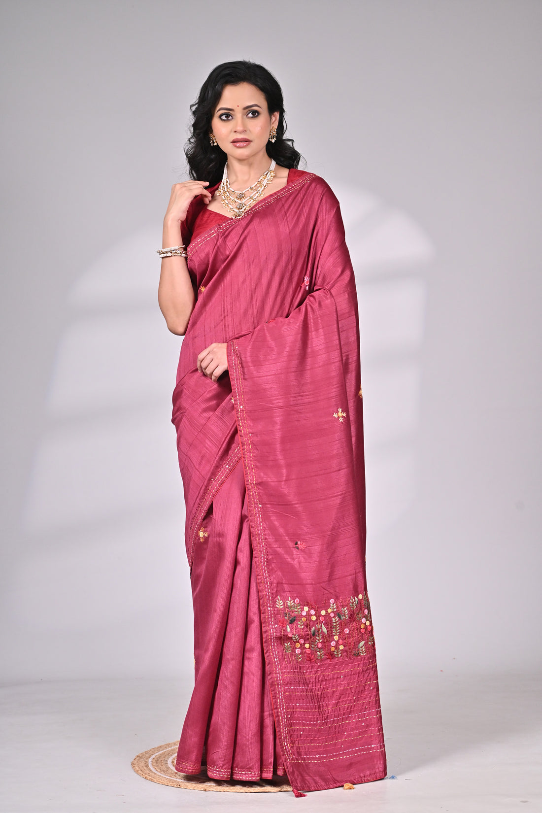 Wine Tussar Silk Blend Saree with Hand Embroidery