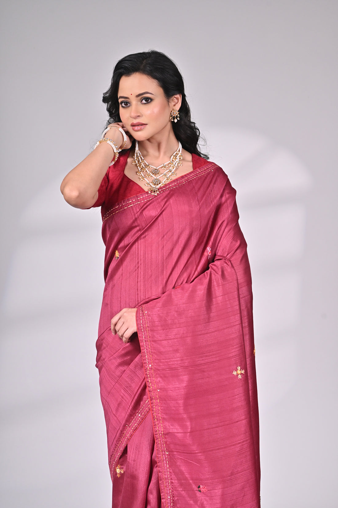 Wine Tussar Silk Blend Saree with Hand Embroidery