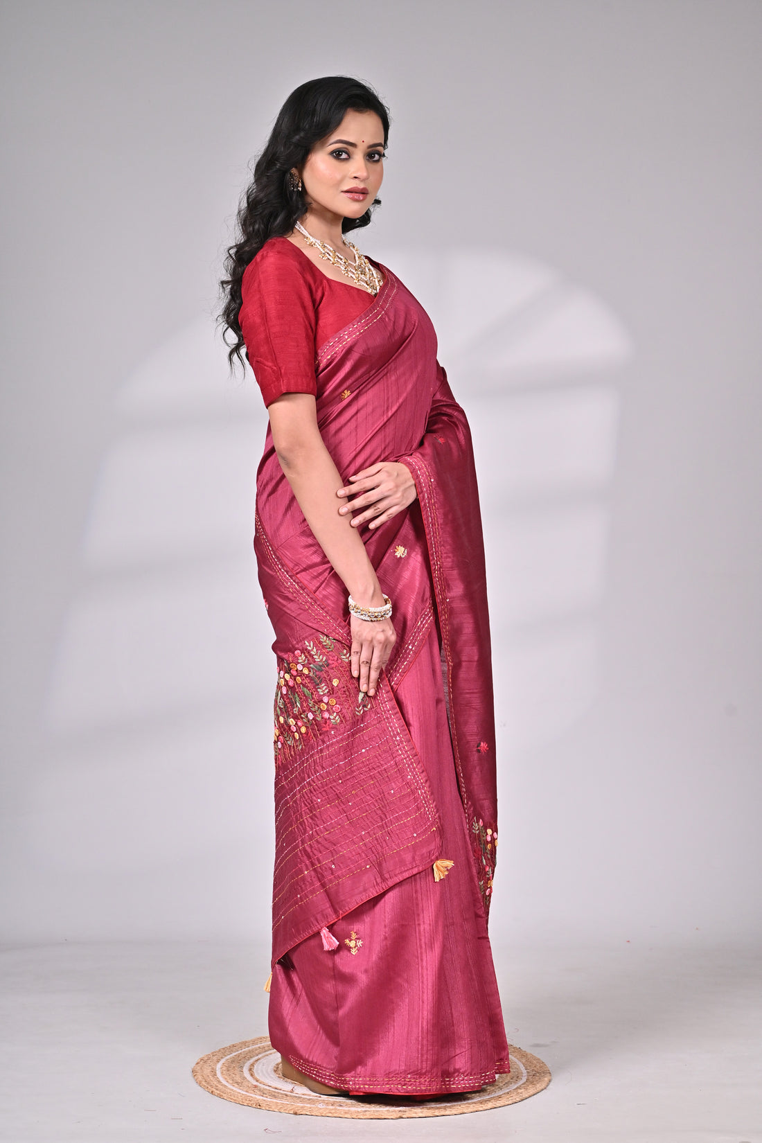 Wine Tussar Silk Blend Saree with Hand Embroidery