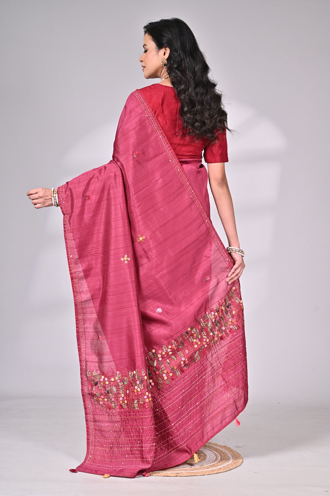 Wine Tussar Silk Blend Saree with Hand Embroidery