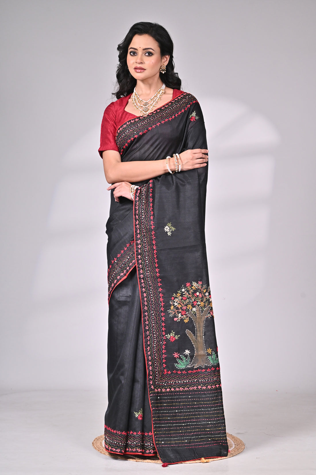 Black Semi Tussar Saree with Hand Embroidery – Statement Piece by Saantha