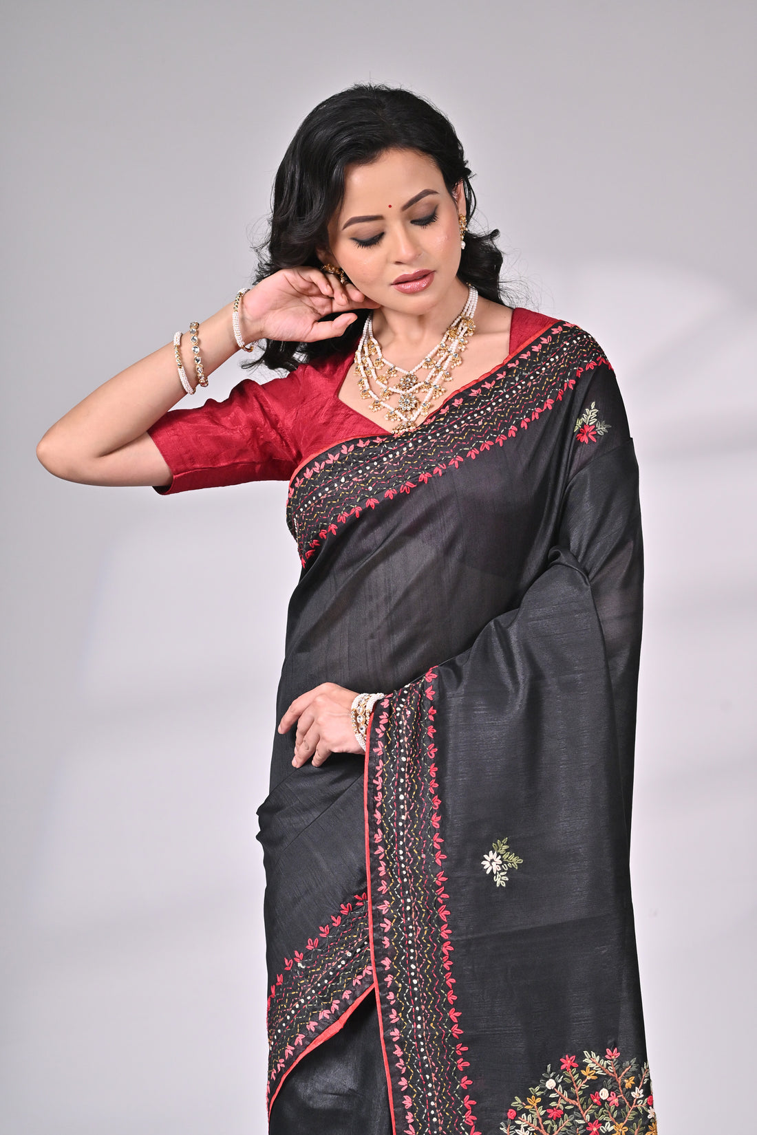 Black Semi Tussar Saree with Hand Embroidery – Statement Piece by Saantha