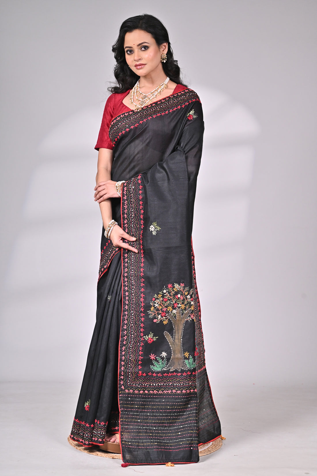 Black Semi Tussar Saree with Hand Embroidery – Statement Piece by Saantha