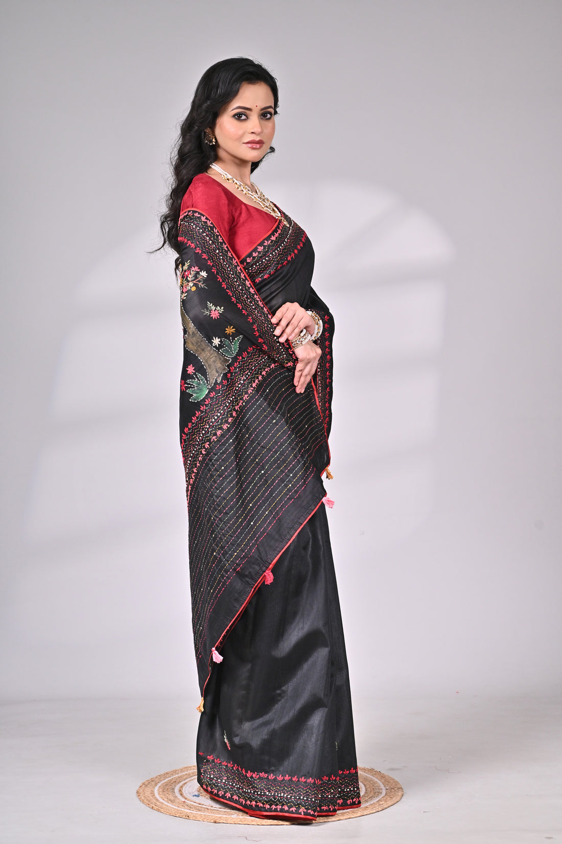Black Semi Tussar Saree with Hand Embroidery – Statement Piece by Saantha