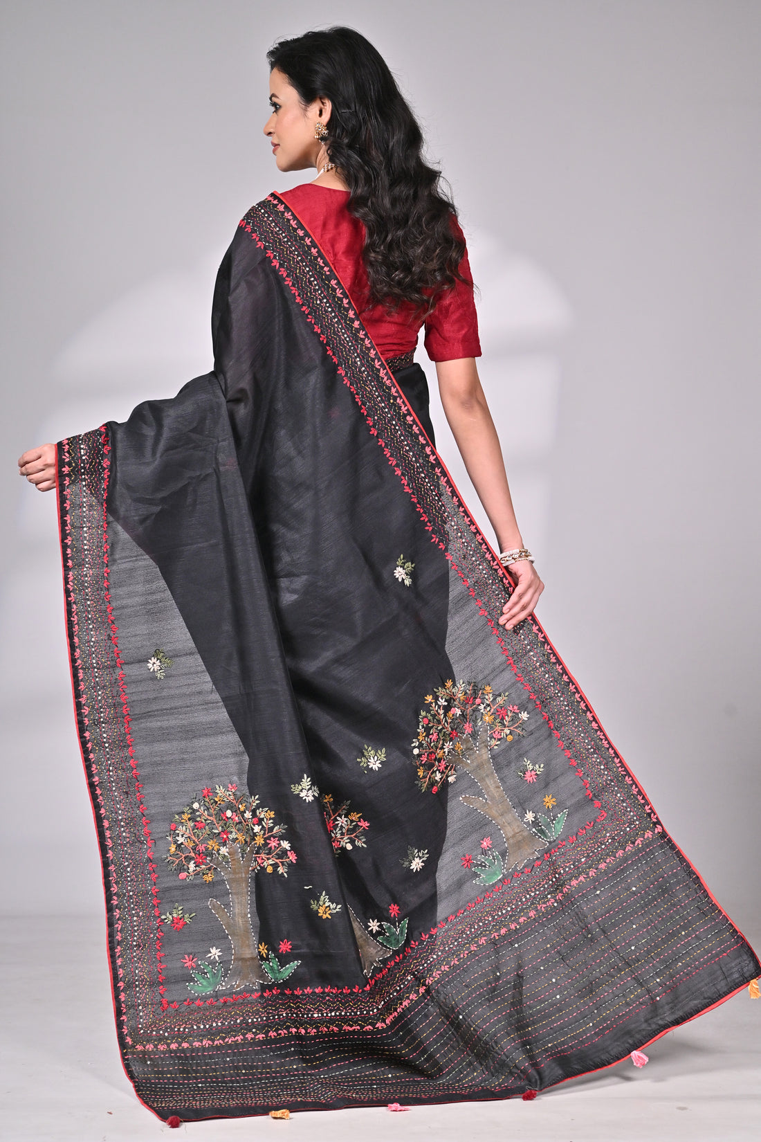 Black Semi Tussar Saree with Hand Embroidery – Statement Piece by Saantha