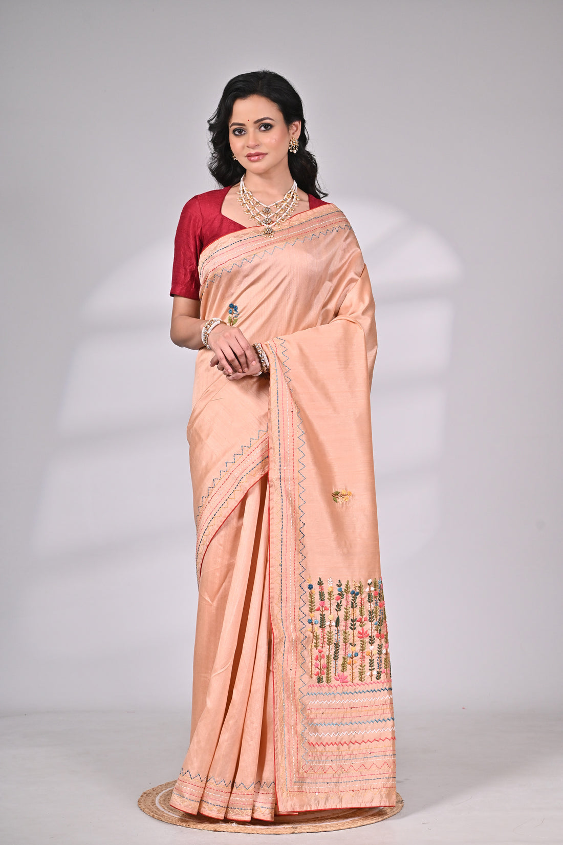 Peach Semi Tussar Saree with Hand Embroidery