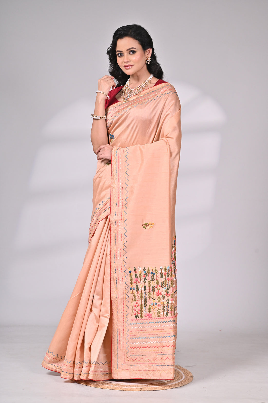 Peach Semi Tussar Saree with Hand Embroidery