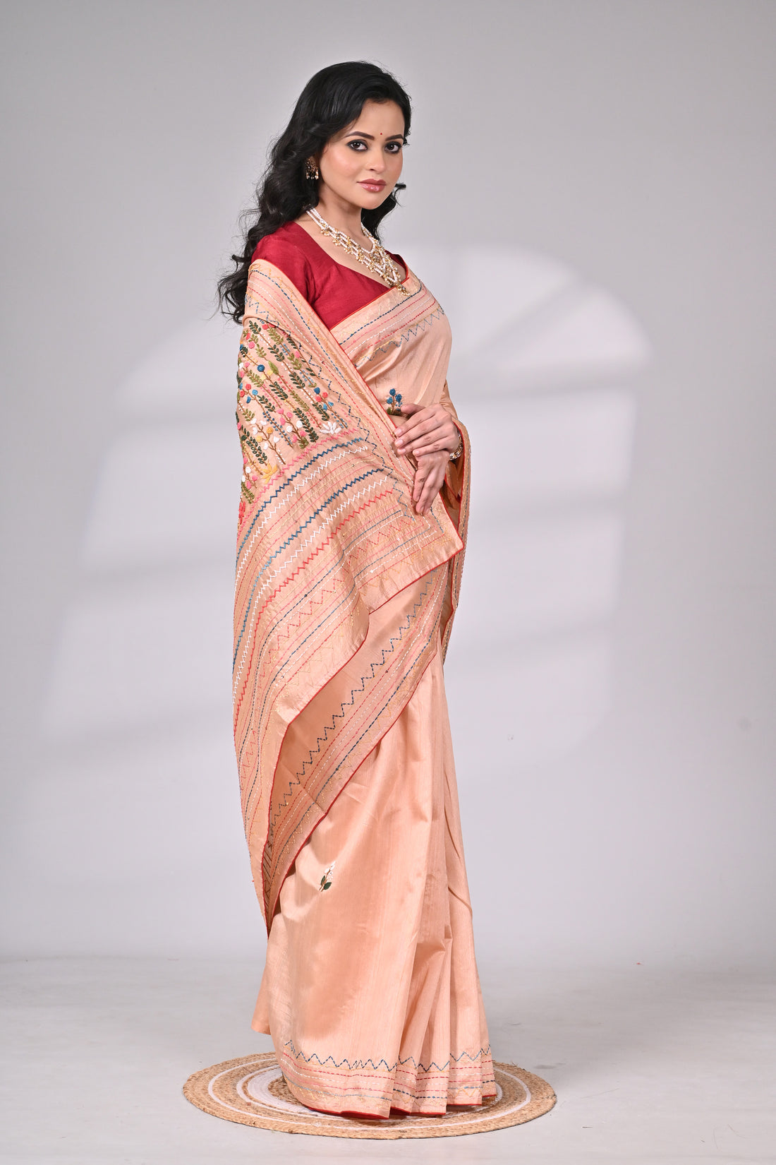 Peach Semi Tussar Saree with Hand Embroidery