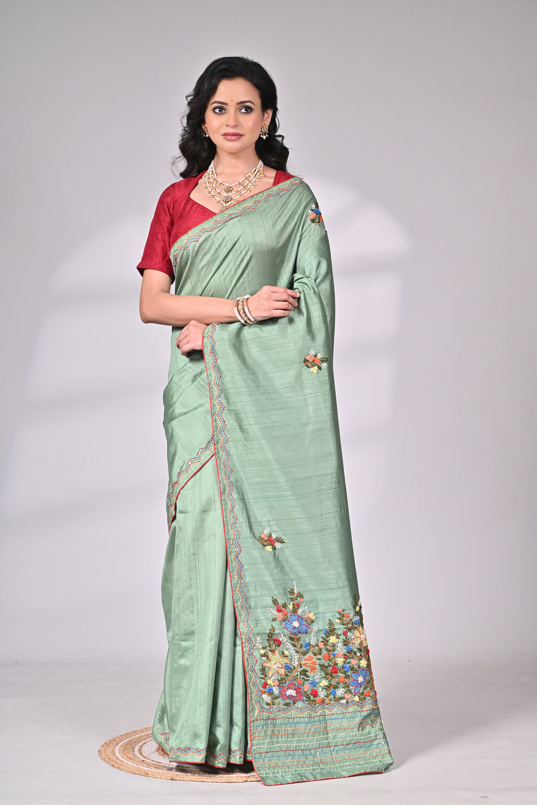 Sea Green Semi Tussar Saree with Hand Embroidery