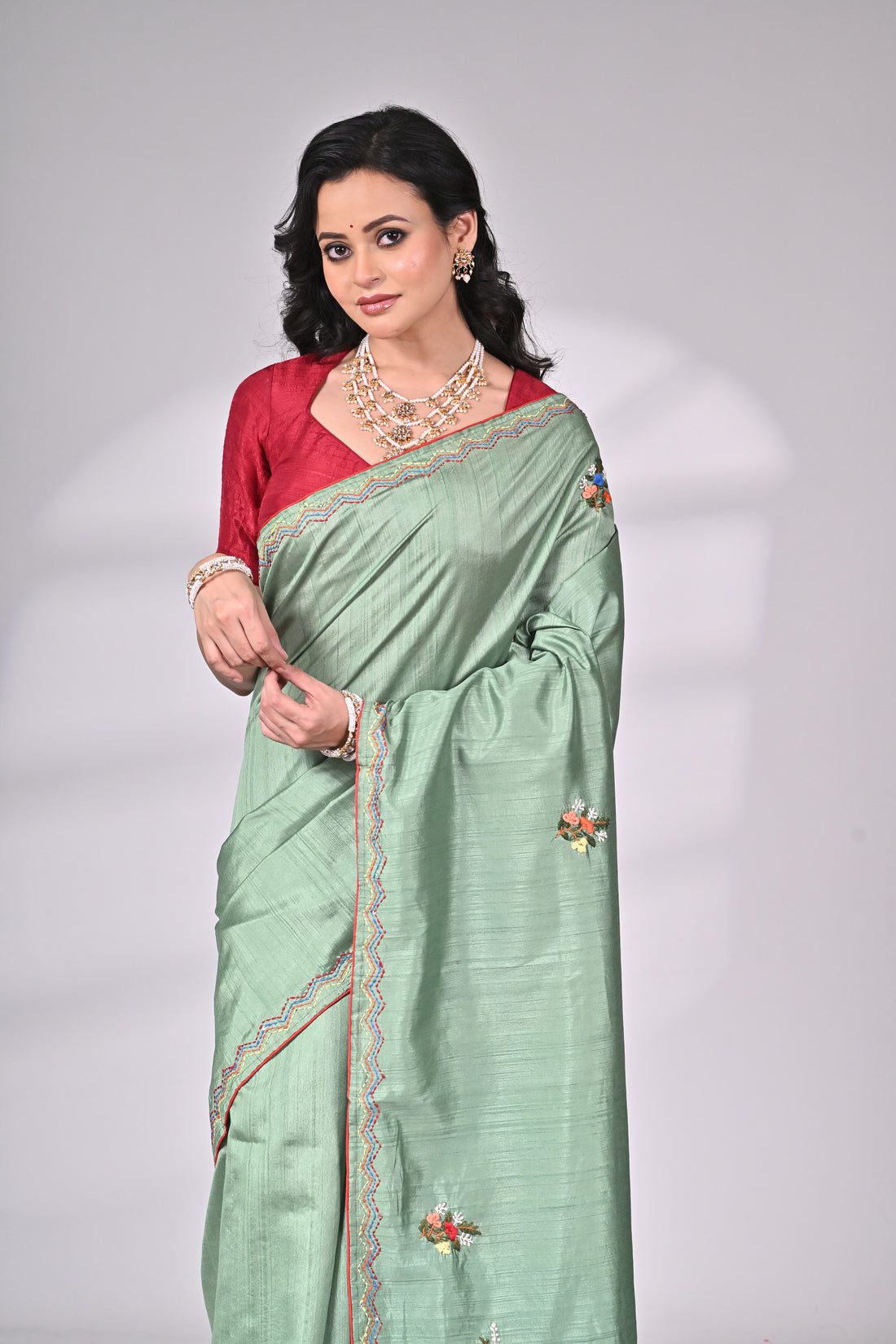 Sea Green Semi Tussar Saree with Hand Embroidery