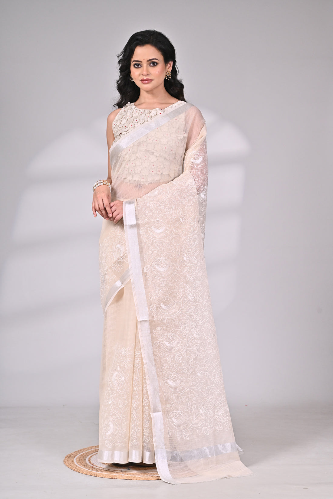Ivory White Kota Pichwai Saree with Intricate Thread Embroidery