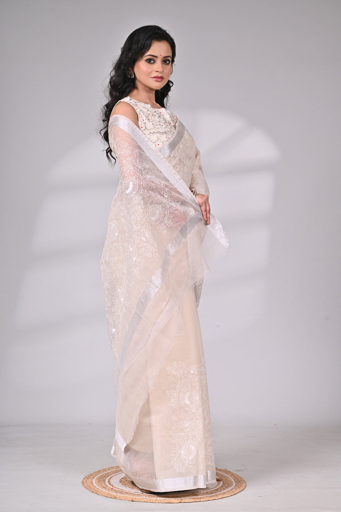 Ivory White Kota Pichwai Saree with Intricate Thread Embroidery