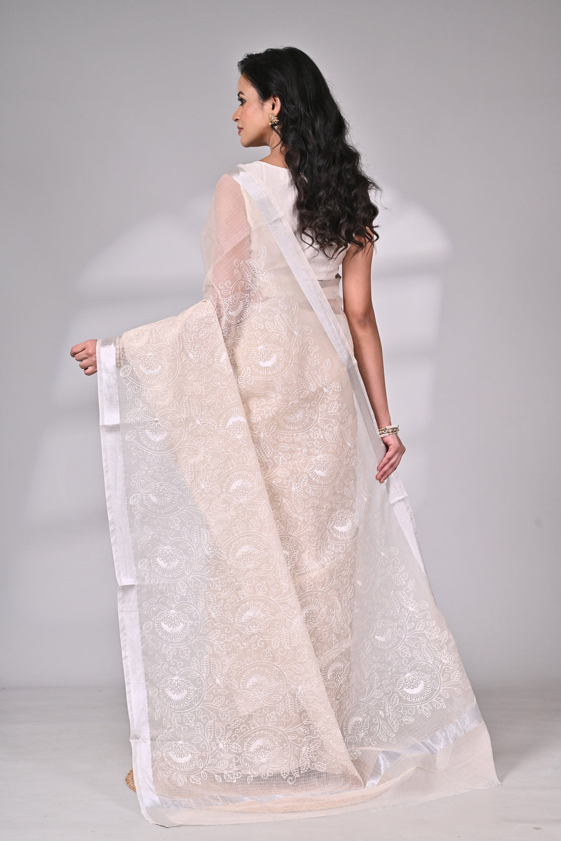Ivory White Kota Pichwai Saree with Intricate Thread Embroidery