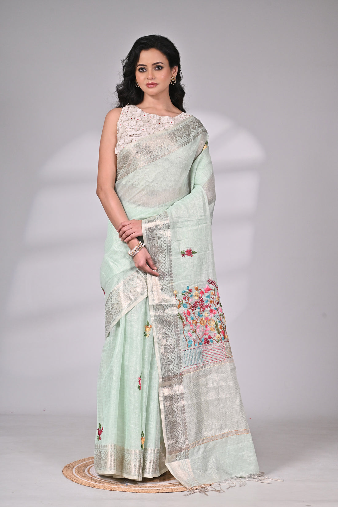 Mint Green Handloom Kota Saree with Colorful Embroidery and Silver Zari Border