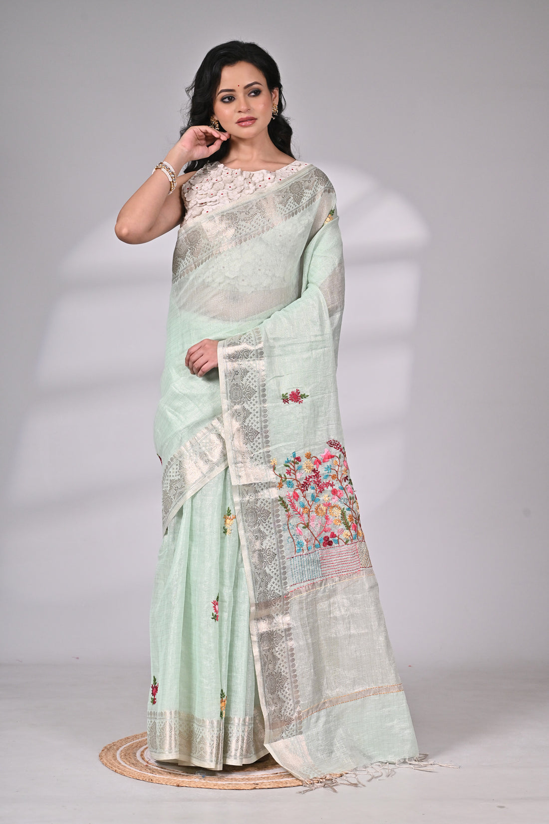 Mint Green Handloom Kota Saree with Colorful Embroidery and Silver Zari Border