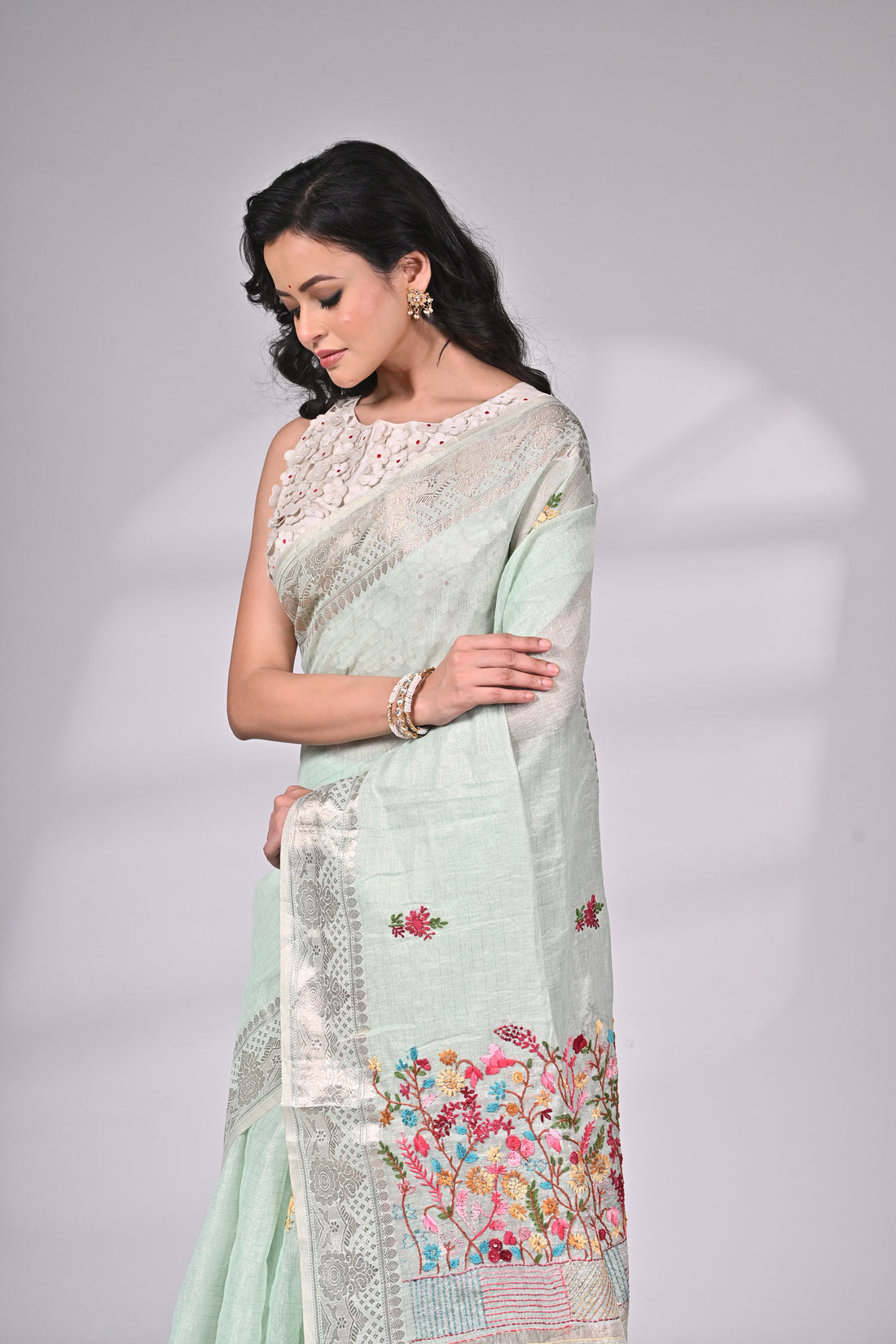 Mint Green Handloom Kota Saree with Colorful Embroidery and Silver Zari Border