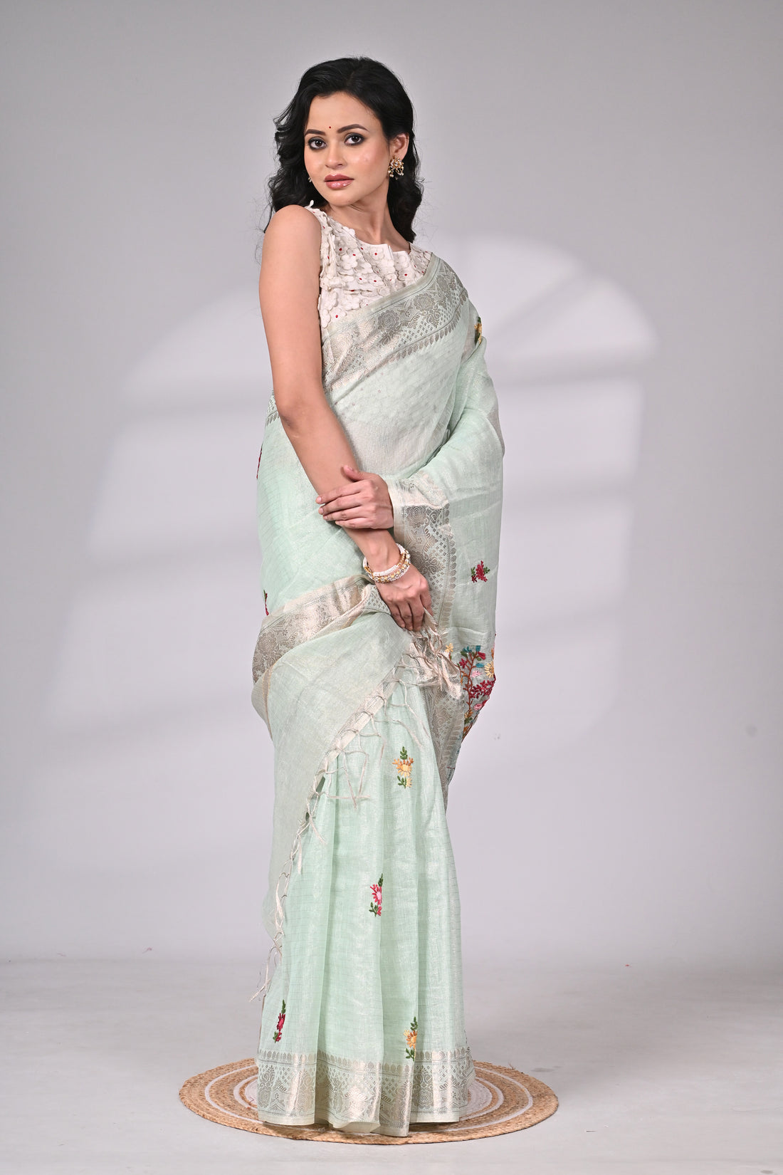Mint Green Handloom Kota Saree with Colorful Embroidery and Silver Zari Border