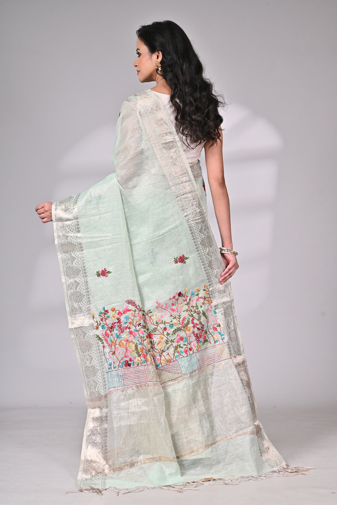 Mint Green Handloom Kota Saree with Colorful Embroidery and Silver Zari Border