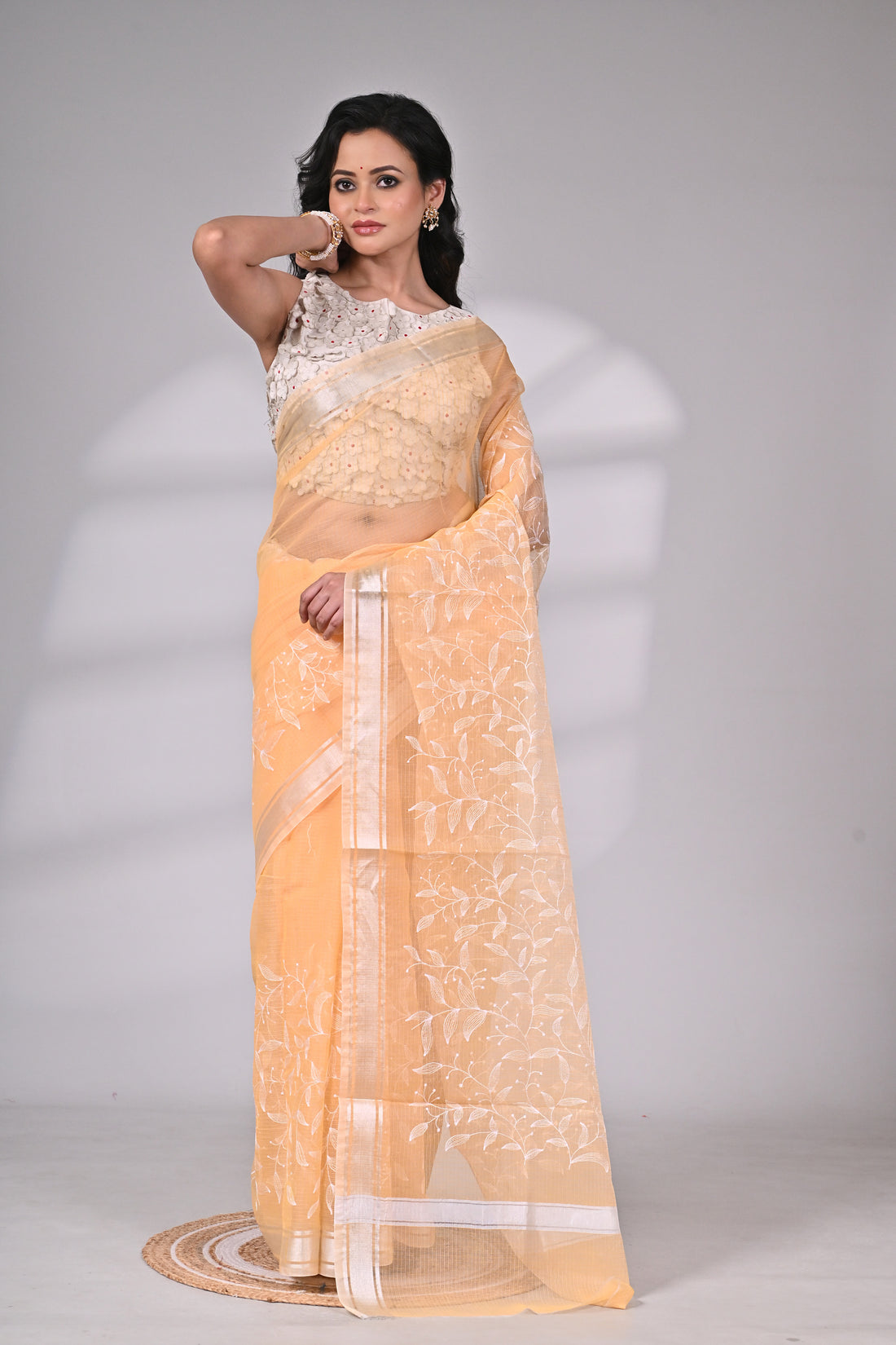 Peach Kota Doria Saree with White Thread Embroidery
