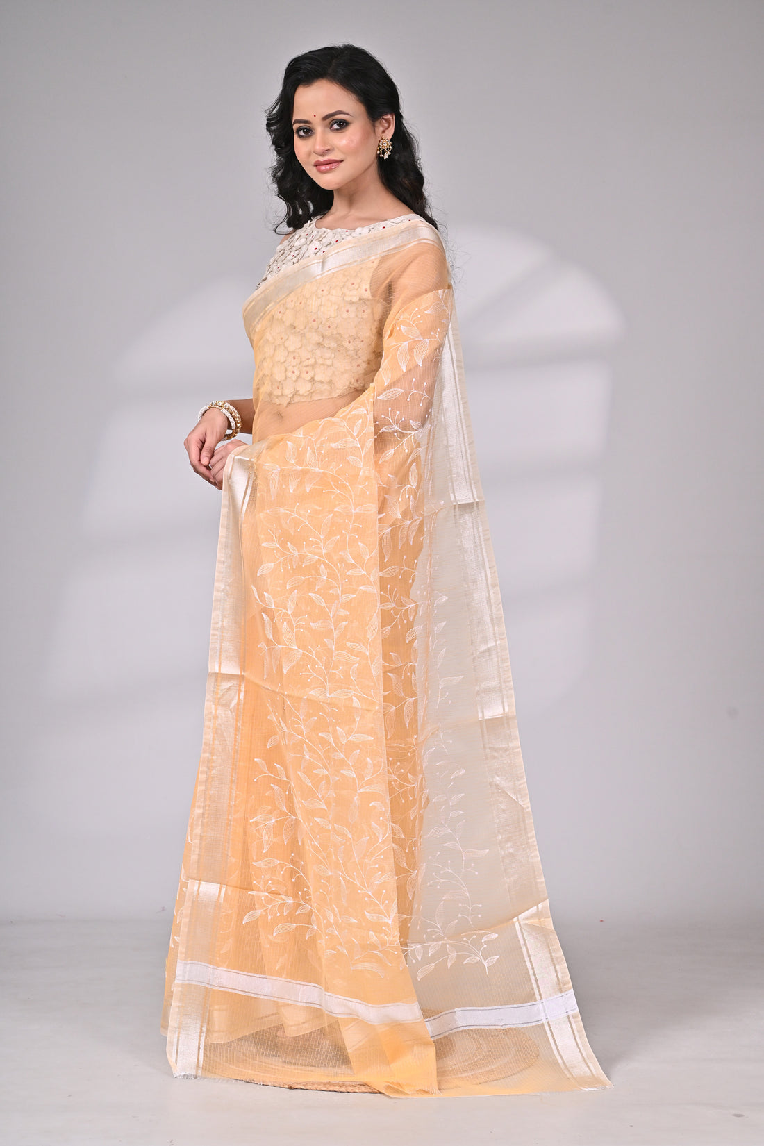Peach Kota Doria Saree with White Thread Embroidery