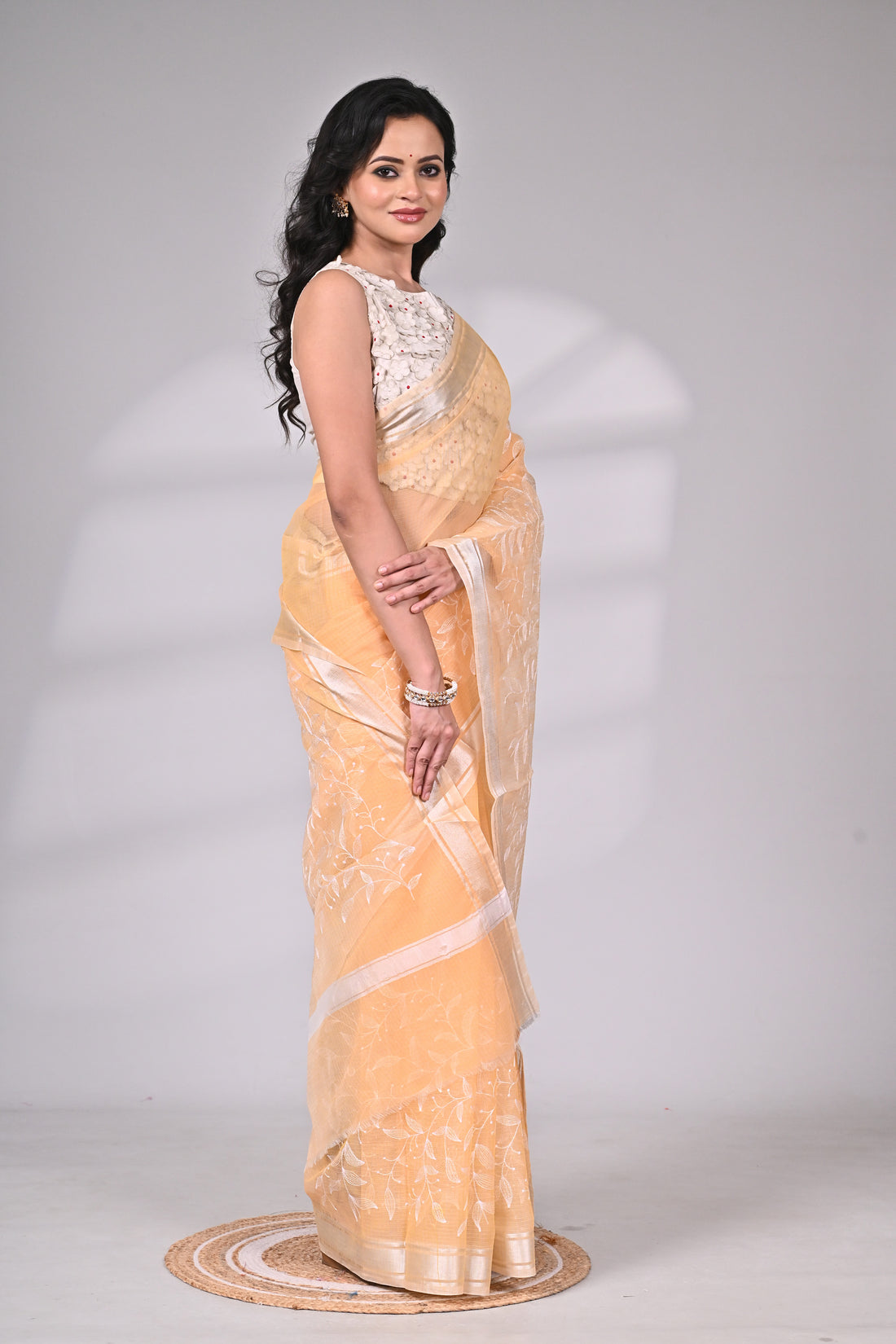 Peach Kota Doria Saree with White Thread Embroidery