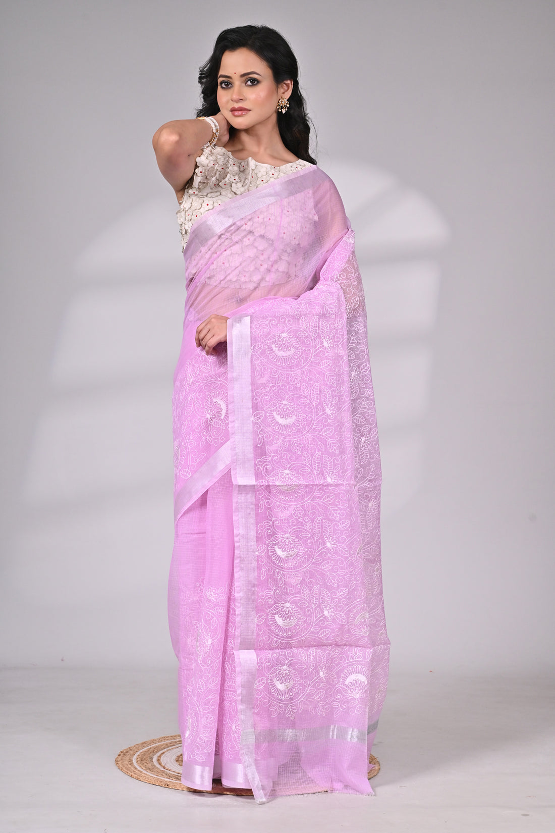 Lavender Kota Doria Saree with White Thread Embroidery