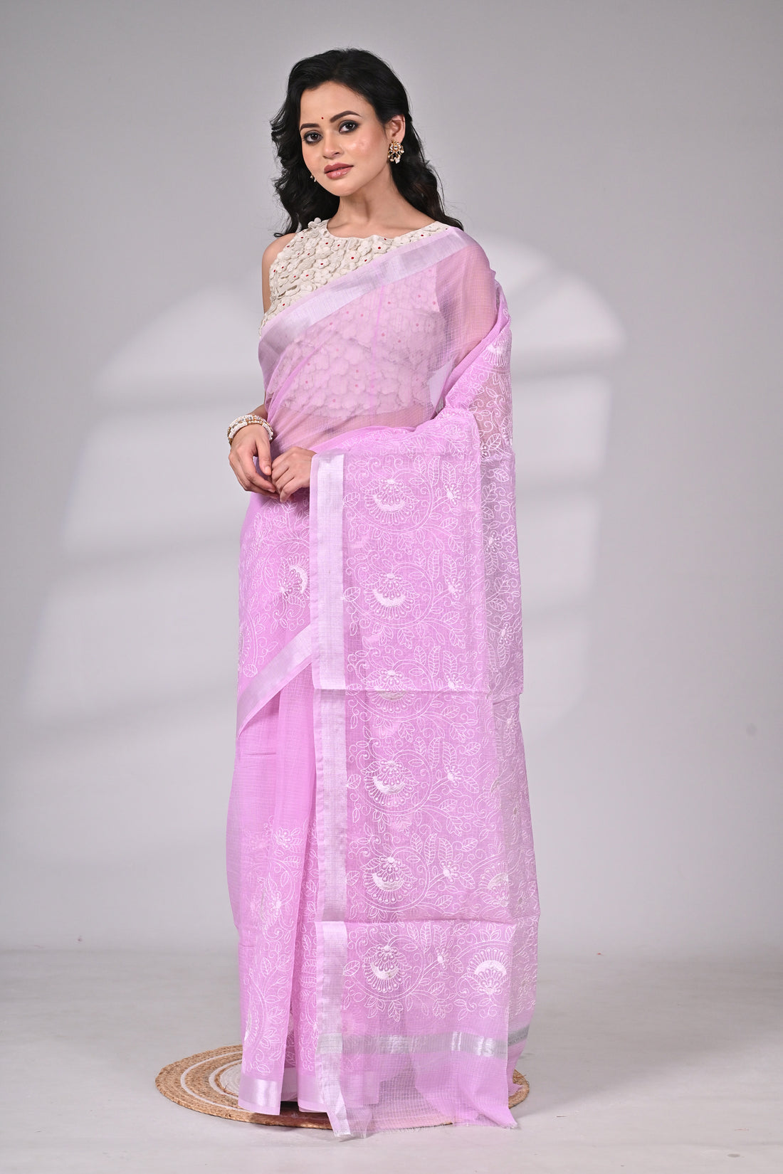 Lavender Kota Doria Saree with White Thread Embroidery
