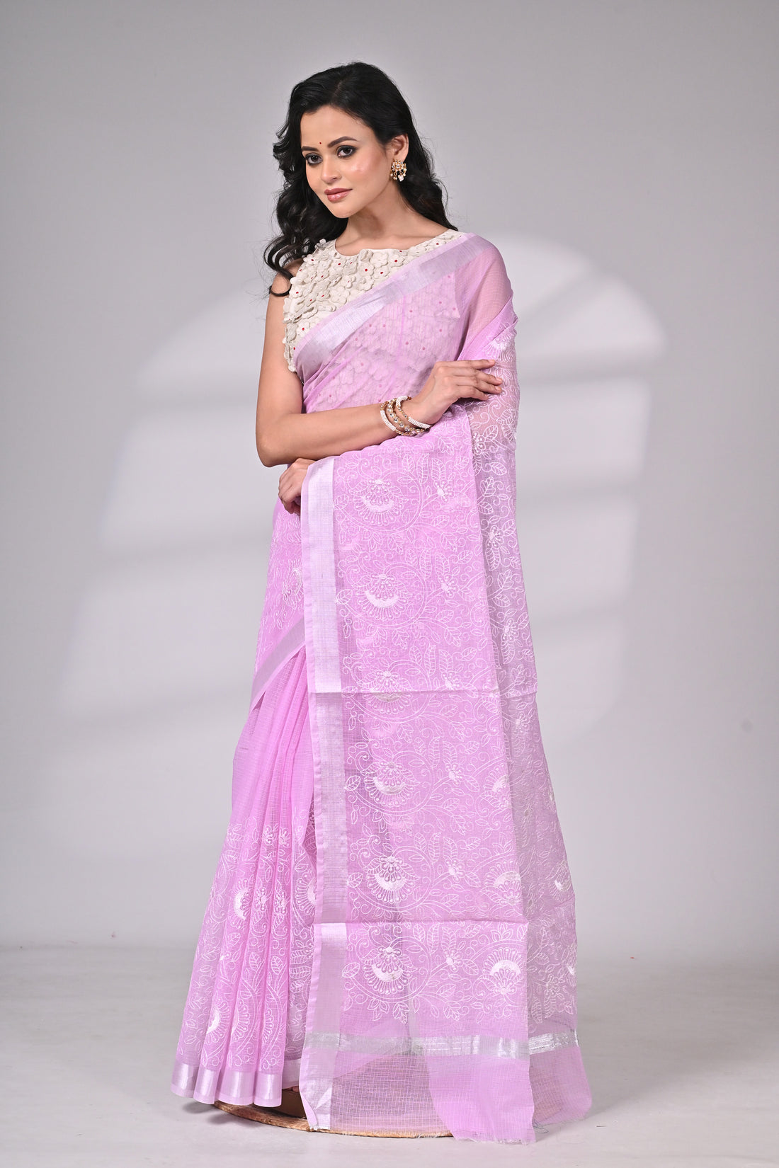 Lavender Kota Doria Saree with White Thread Embroidery